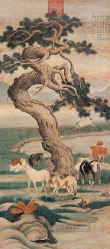 中国 Painting - 木の下で輝く 8 頭の馬のラング古い中国人